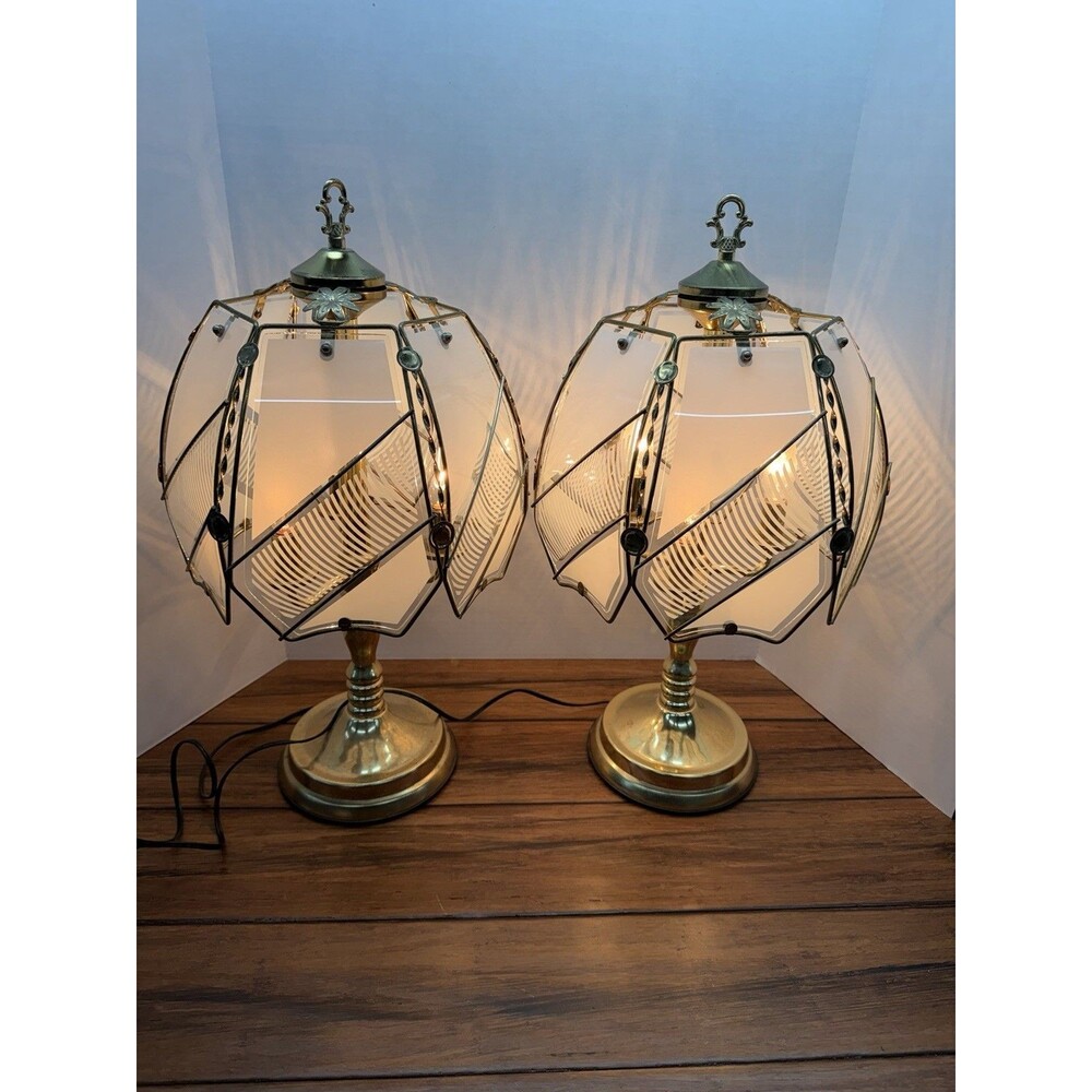 Vintage Pair (6) Panel White Glass Frosted Stripe Design Touch Table Lamps 22”